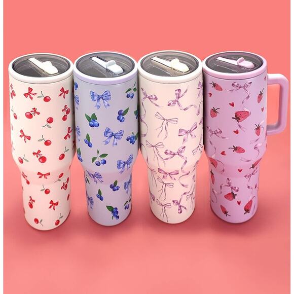 40 oz Purple Cream Coquette Bow Insulated Stainless Steel Tumbler with Handle - Picture 4 of 5